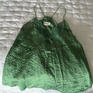 Zadig et Voltaire green logo babydoll camisole with lace trim